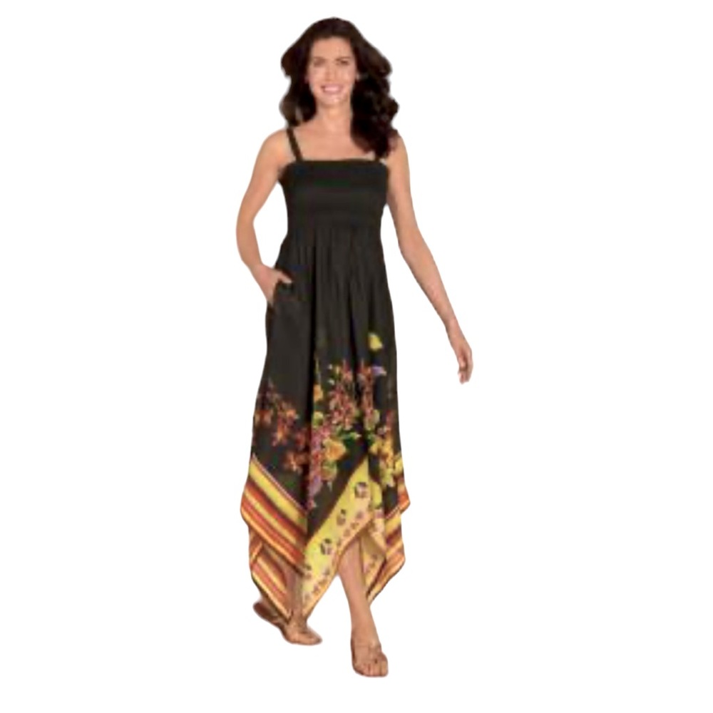 Soft Surroundings Maya Rivera Black‎ Smock Floral Handkerchief Hem
Maxi Dress PL